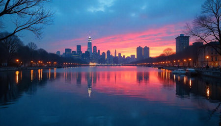 City skyline reflected in water at dawn with vibrant colors