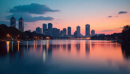 City skyline at sunset reflecting on tranquil water surfaceの写真素材