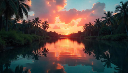 Tropical sunset over calm river with reflected palm trees