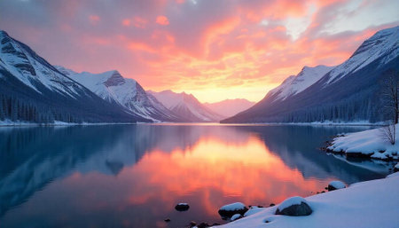 Serene mountain lake reflecting a vibrant sunrise skyの写真素材