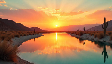 Desert sunset landscape with water reflections of cactiの写真素材