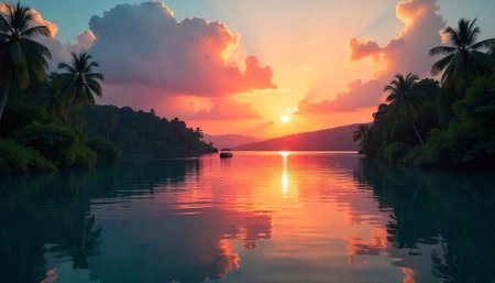 Vibrant sunset over tranquil river with tropical foliage