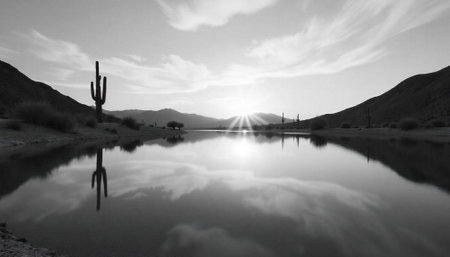 Monochrome Arizona desert landscape with lake reflection viewの写真素材