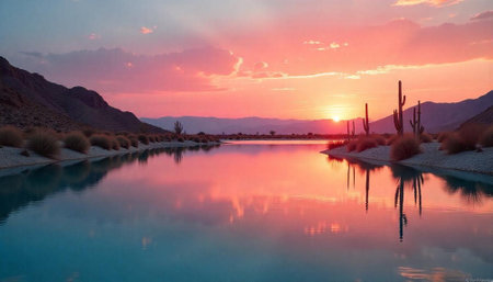 Desert lake at sunset reflecting pink and orange skyの写真素材