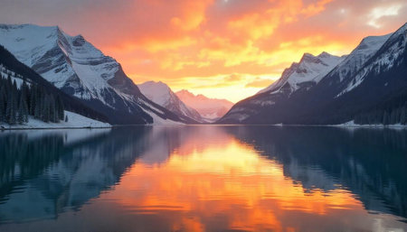 Lake Louise sunrise reflecting snow covered mountains at Banffの写真素材