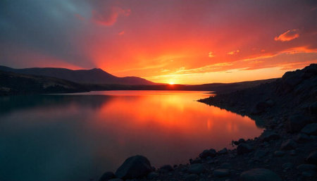 Dramatic sunset over tranquil lake with mountain silhouettesの写真素材