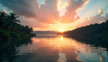 Tropical lagoon at sunset reflected in calm water surface