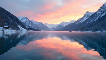 Serene mountain lake reflecting pastel sunset sky imageの写真素材