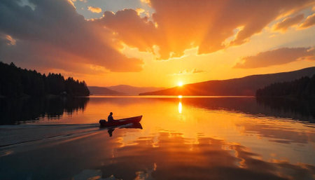 Lone boater on calm lake at sunset reflectionの写真素材
