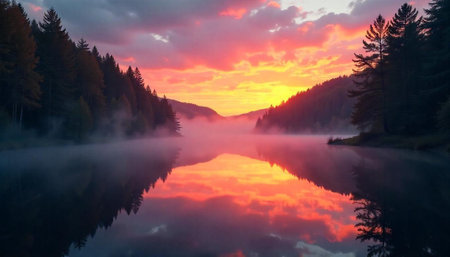 Serene Lake Reflection at Sunset Surrounded by Evergreen Treesの写真素材