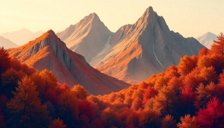 Autumnal mountains landscape with vibrant foliage and golden lightの写真素材