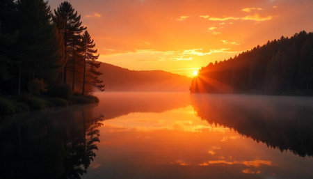 Golden sunset illuminating misty lake surrounded by forest treesの写真素材