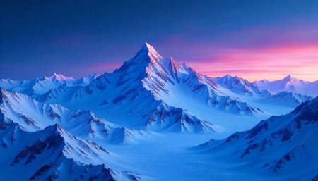 Snowy mountain range peaks at sunset with vibrant skyの写真素材