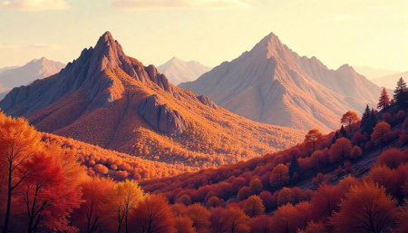 Majestic autumn mountain range landscape with vibrant foliage colorsの写真素材