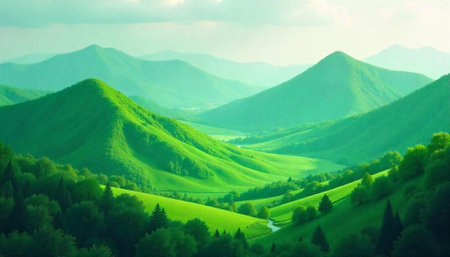 Lush green mountain range landscape with trees and valleyの写真素材