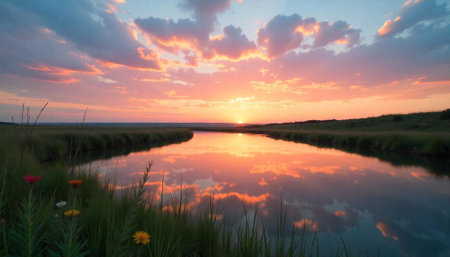 Serene sunset reflecting in the calm river with flowersの写真素材