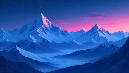Majestic snow-covered mountains at twilight with starry sky aboveの写真素材