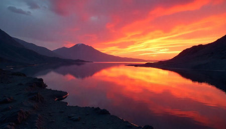 Serene lake reflecting a dramatic sunset sky with mountains