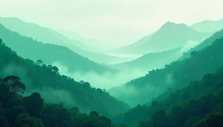 Misty mountain range view with lush green forestの写真素材