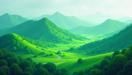 Lush green mountains and valley landscape with winding roadの写真素材