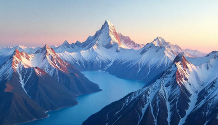 Majestic Snowy Mountains and Turquoise Lake at Golden Hourの写真素材