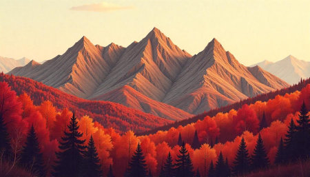 Autumn mountain landscape with vivid red and orange treesの写真素材