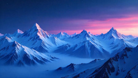 Snowy mountain peaks under a vibrant pink and blue skyの写真素材