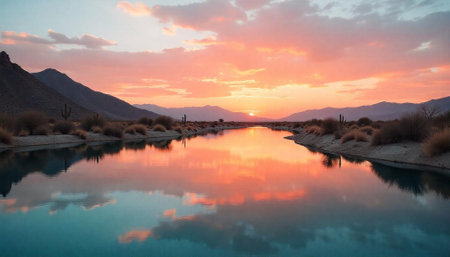 Tranquil desert landscape with river reflecting vibrant sunset colors