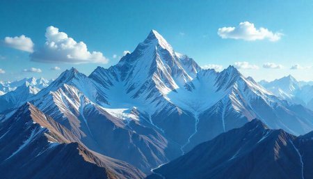 Snowy mountain peak panorama against a blue sky backdropの写真素材
