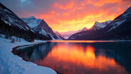 Majestic mountain lake reflection at vibrant colorful sunset landscapeの写真素材