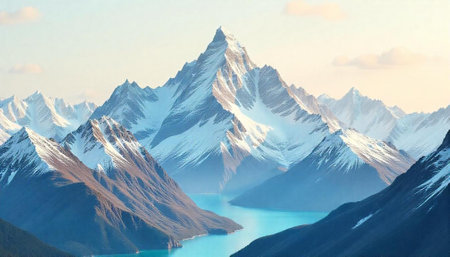 Majestic snow-capped mountains with turquoise lake under soft skyの写真素材