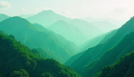 Layered mountain ridges fade into misty distance in landscape