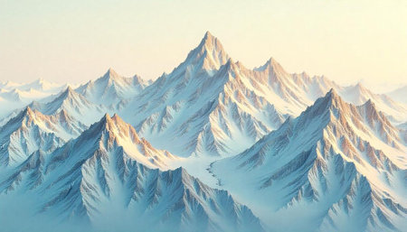 Snow covered mountain range under a soft golden sky