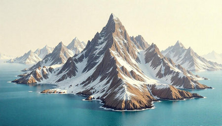 Snowy Mountain Peaks Rising from Turquoise Waters Landscape Viewの写真素材