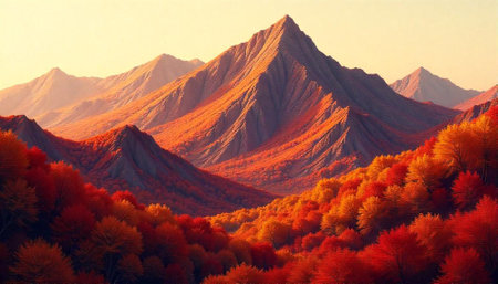 Autumn mountain range with vibrant foliage under a warm sky
