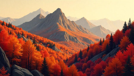 Autumn mountains with vibrant foliage and serene backgroundの写真素材