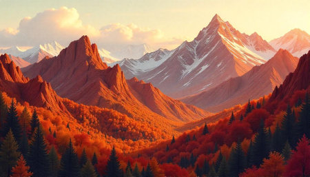 Autumnal Mountains Landscape with Forest and Snow-Capped Peaksの写真素材