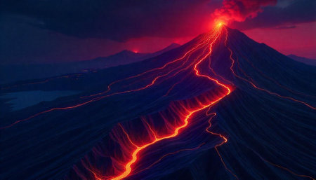 Volcano erupting at night with lava flow and smokeの写真素材