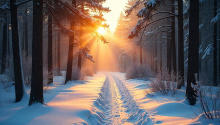 Winter forest path illuminated by vibrant sunlight and snowの写真素材