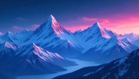 Snowy mountain peaks under a star filled dusk skyの写真素材