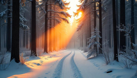 Sunlit winter forest scene with snow covered roadの写真素材