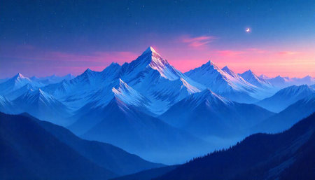 Snow capped mountains at sunset under a starry nightの写真素材