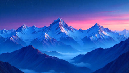 Majestic snow-capped mountains against a vibrant twilight sky backdropの写真素材