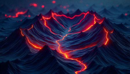 Abstract landscape of dark mountains with bright red streams