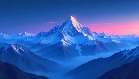 Majestic snowy mountain range at dusk with pastel skyの写真素材