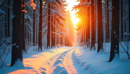 Sunlit Snowy Path Through Winter Forest Landscape Imageの写真素材