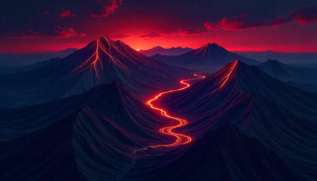 Dramatic landscape of volcanic mountains with fiery rivers under skiesの写真素材