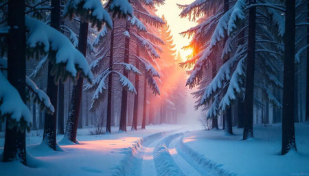 Sunlit winter forest path with snow-covered trees at sunsetの写真素材