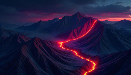 Dramatic mountain landscape with glowing lava stream at nightの写真素材