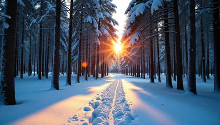 Winter forest path with bright sun shining through treesの写真素材